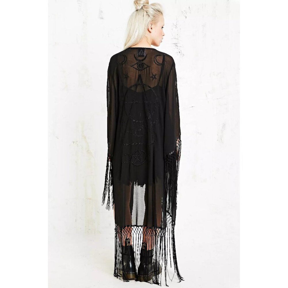 "🦋💋HOT ITEM! 💋🦋VTG 2013 UNIF Black "Wiccan" Embroidered Fringed Maxi Kimono - Picture 11 of 16
